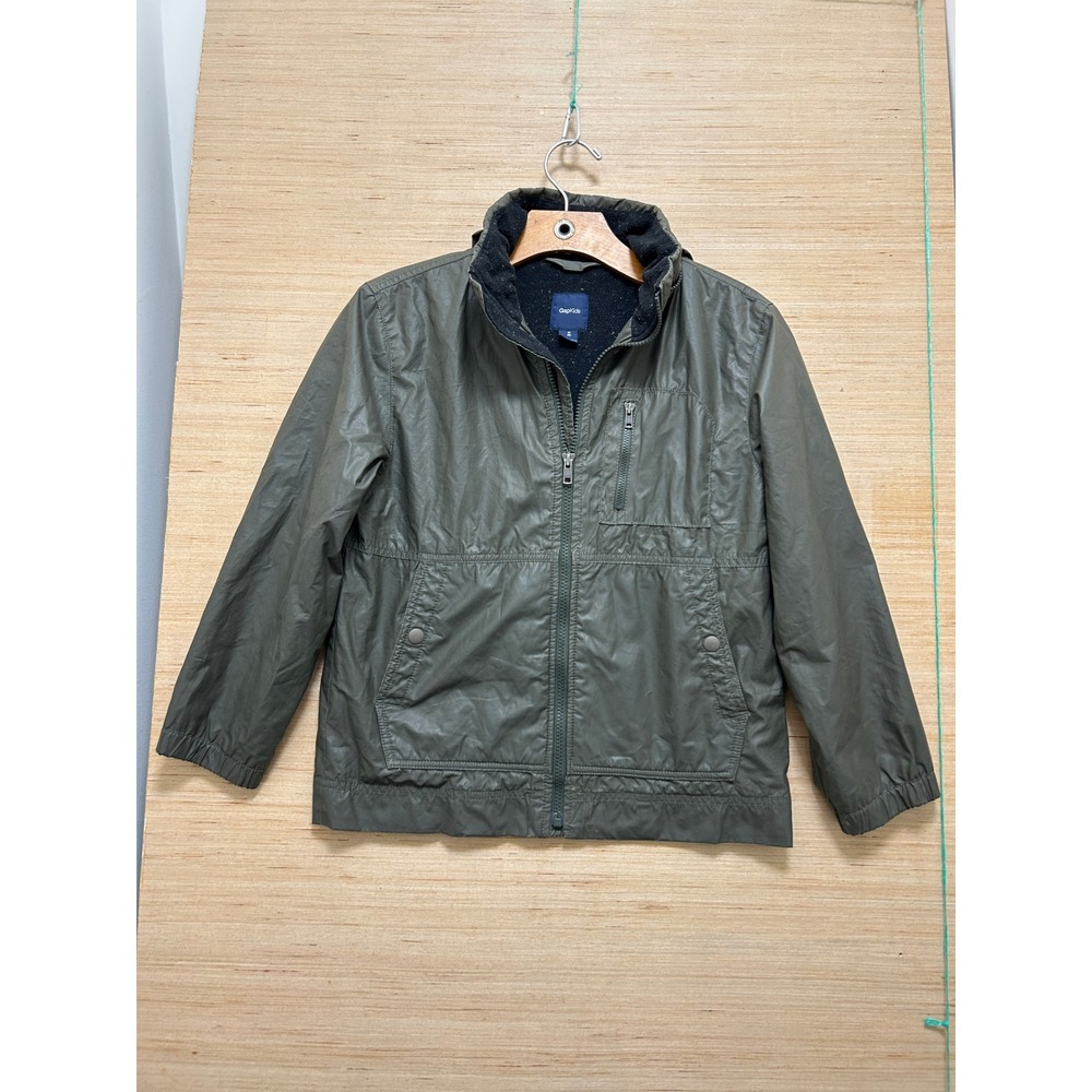Gap Kids Boys Olive Green Fleece Lined Utility Jacket‎ Stowaway Hood Size M 8